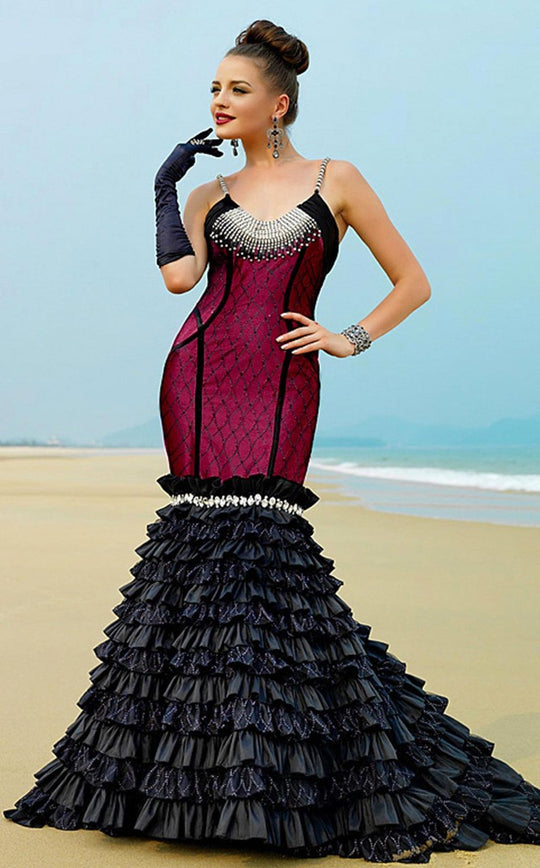 MNM Couture - KH015 Scoop Neck Beaded Mermaid Gown In Black and Pink