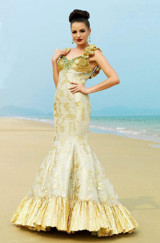 MNM Couture - KH019 Ruffled Pleated Metallic Mermaid Gown in Gold and Green