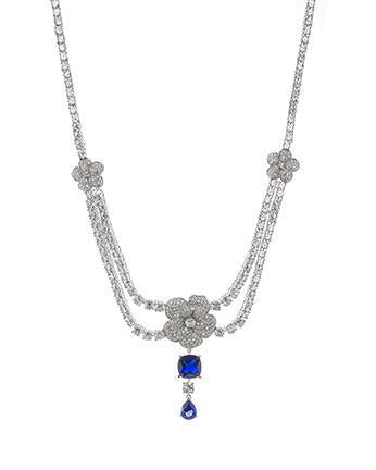 CZ by Kenneth Jay Lane - Draped Floral Necklace in Silver and Blue