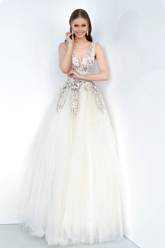 Jovani - 1816 Floral Embroidered Deep V-neck Ballgown In Neutral and Multi-Color