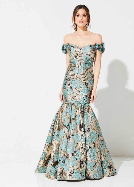 Ivonne D for Mon Cheri - 219D83 Brocade Off-Shoulder Mermaid Gown In Gold and Green