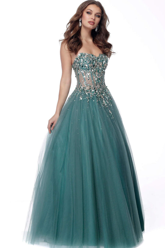 Jovani - 62528 Bead Embellished Strapless Ballgown In Green