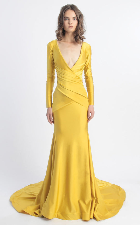 MNM COUTURE - L0029 Long Sleeve Deep V-neck Trumpet Dress In Yellow
