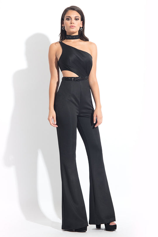 Rachel Allan LBD - L1161 Embellished Asymmetric Jumpsuit in Black
