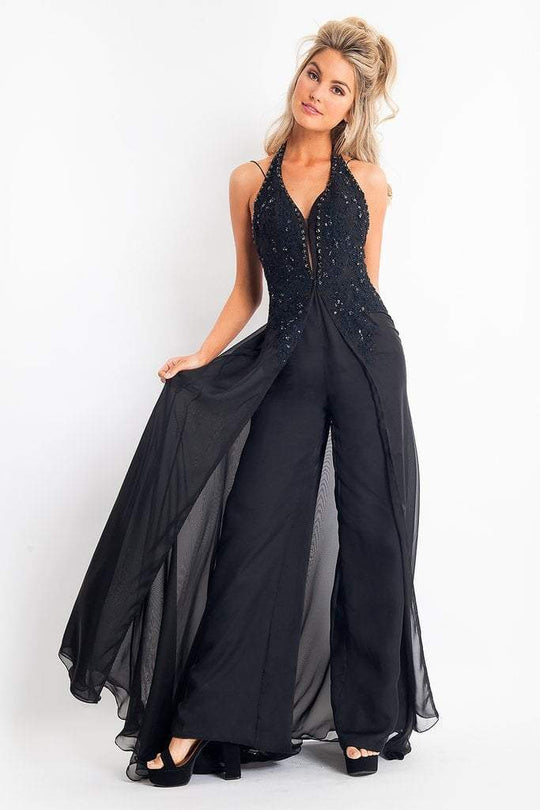 Rachel Allan - L1176 Plunging Halter Jumpsuit with Overlay in Black