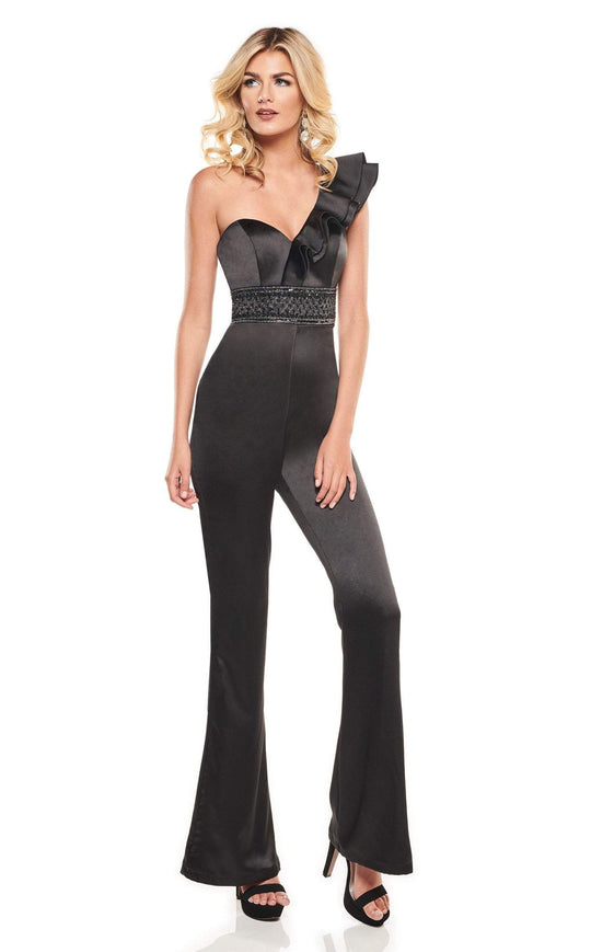 Rachel Allan LBD - L1238 Embellished Ruffled One Shoulder Jumpsuit In Black