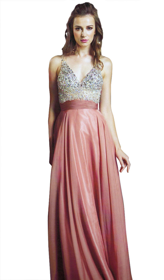Bedazzled Sleeveless Deep V Neckline Prom Dress