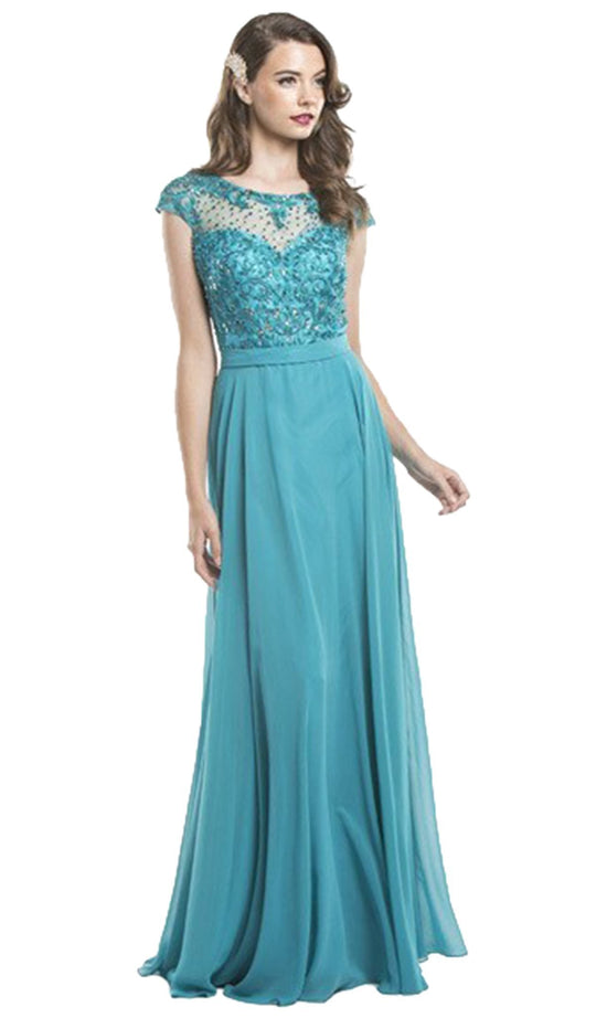 Illusion Embroidered Long Formal Teal Dress