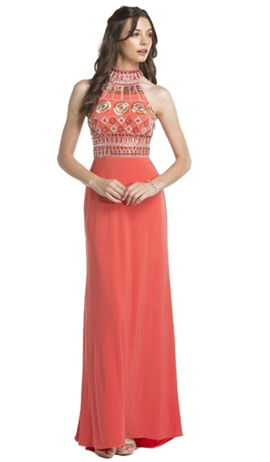 Multi-Beaded Halter Jersey Evening Dress