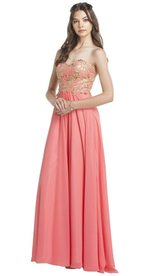 Strapless Gold Embroidered Bodice Prom Dress
