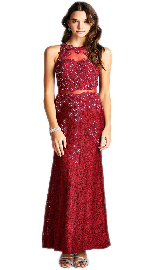 Embroidered Sheer Sheath Evening Dress