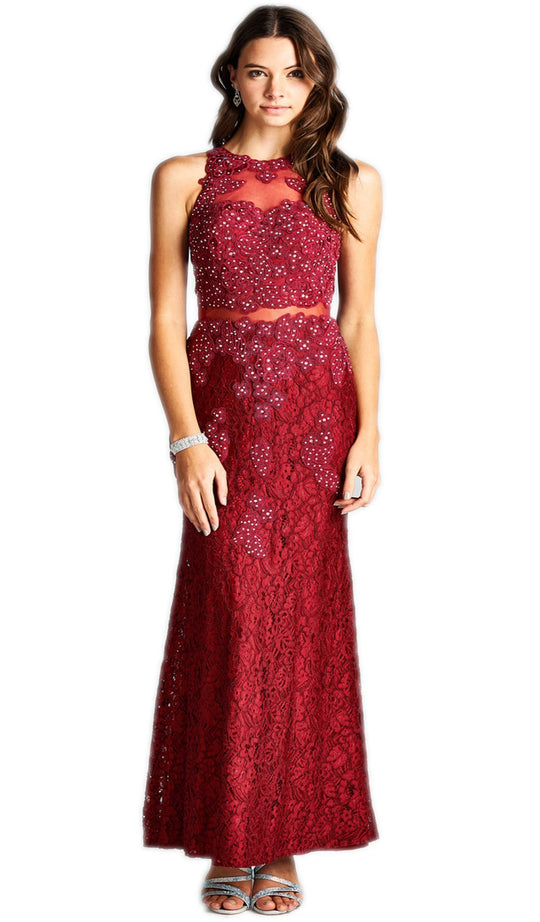 Embroidered Sheer Sheath Evening Dress