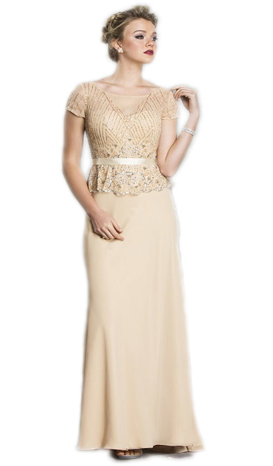Beaded Sheer Peplum Evening Dress