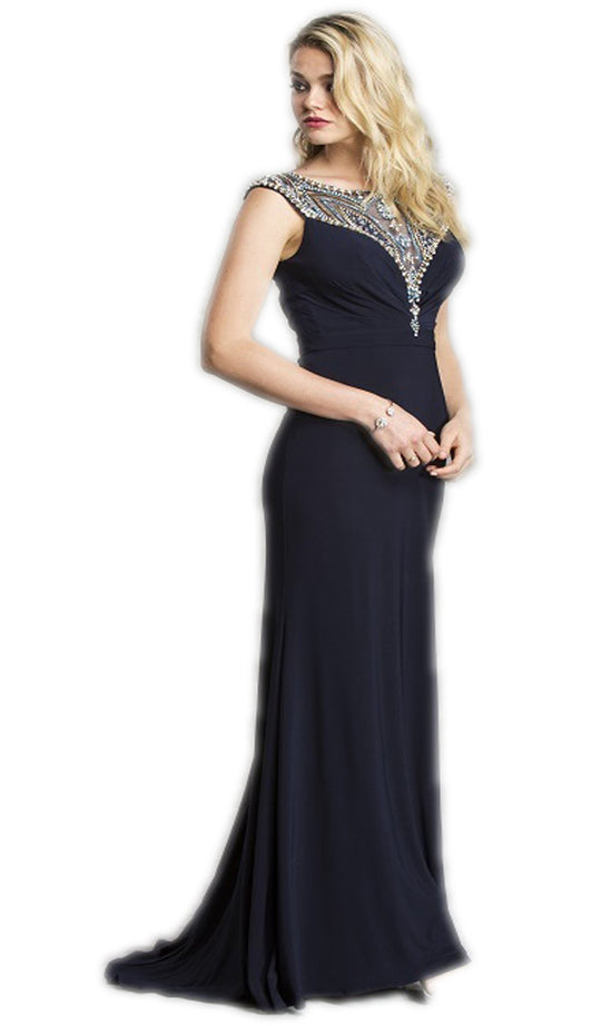 Embellished Cap Sleeves Fitted Evening Dress