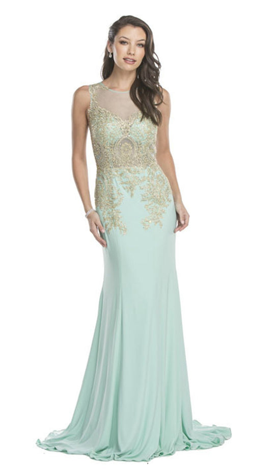 Gold Embellished Sheer Evening Dress