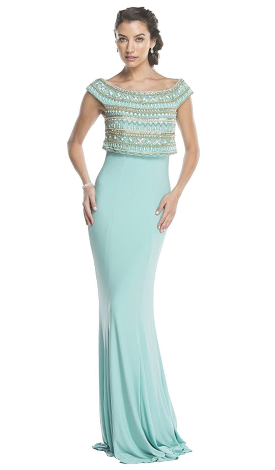 Bedazzled Bateau Neck Fitted Prom Dress