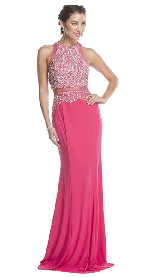 Mock Two Piece Jeweled Halter Prom Dress