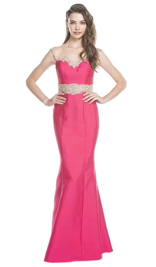 Embroidered Illusion Bateau Trumpet Prom Dress