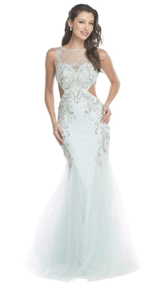 Embellished Sheer Bateau Trumpet Prom Dress