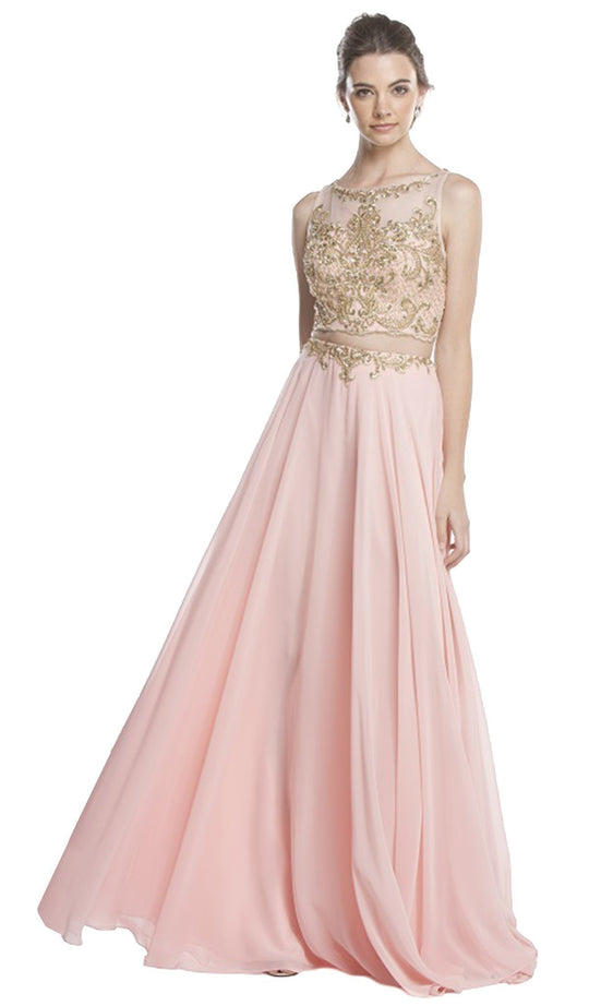 Sleeveless Sheer Bateau A-line Prom Dress