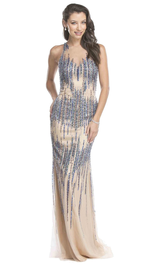 Sequined Illusion Halter Sheath Evening Dress