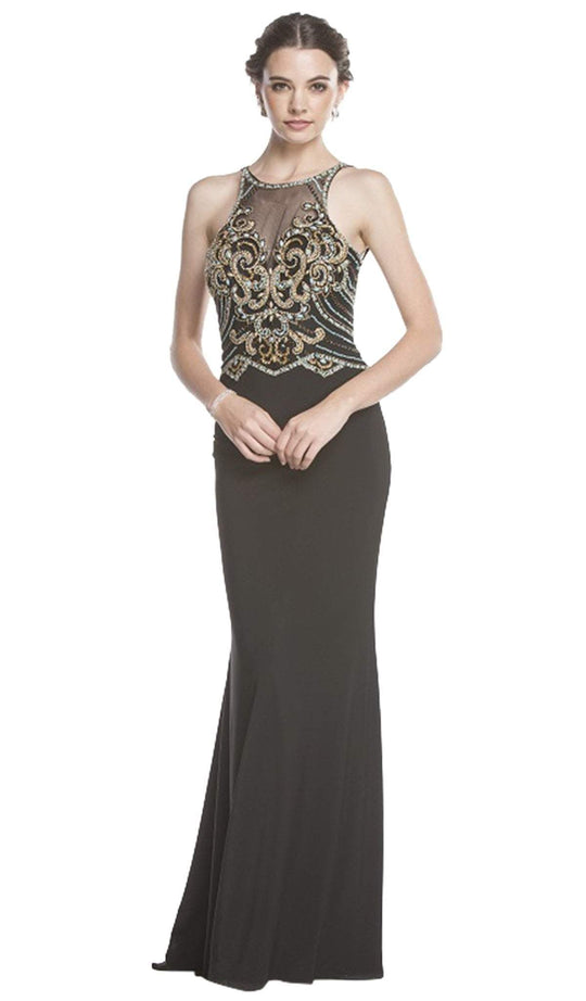 Bedazzled Illusion Halter Fitted Evening Dress