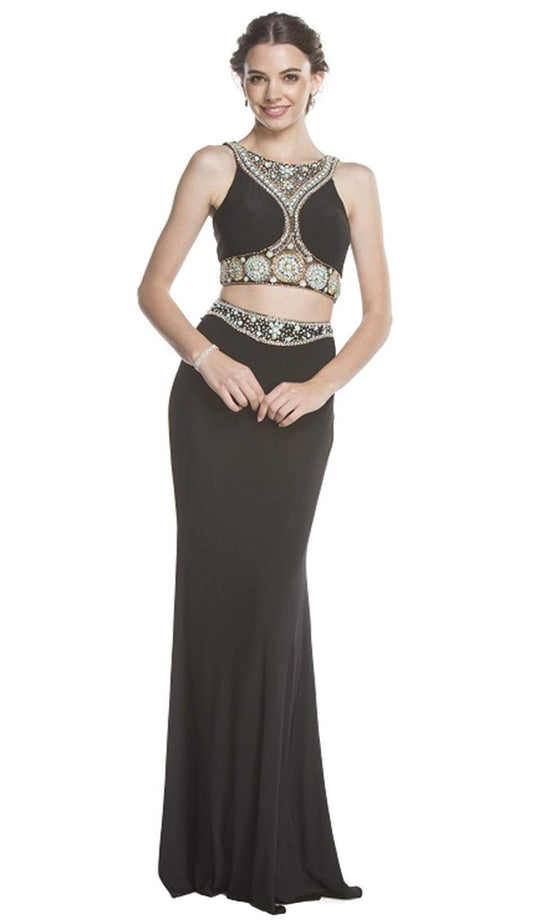 Two Piece Bedazzled Halter Sheath Prom Dress