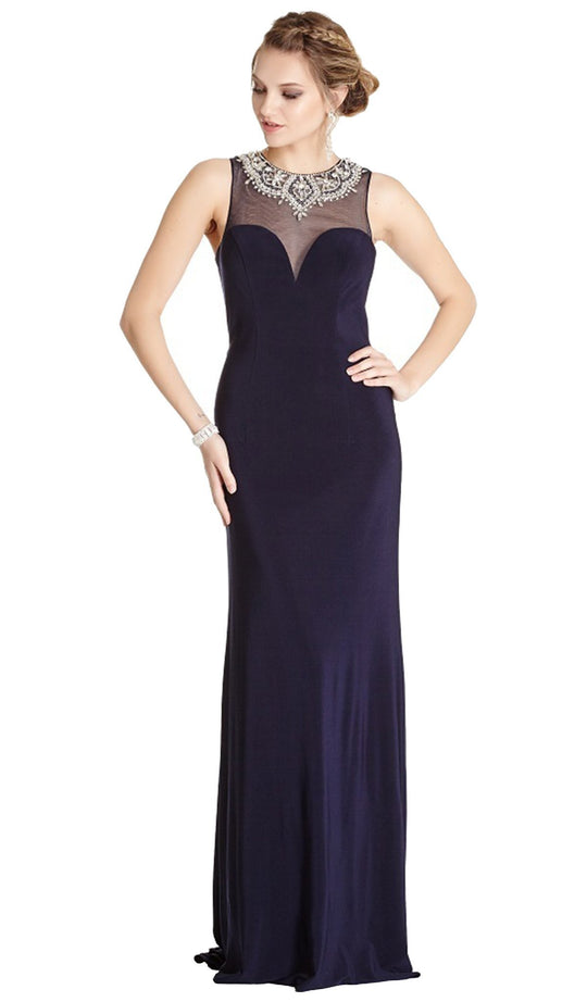 Embellished Illusion Jewel Sheath Prom Dress