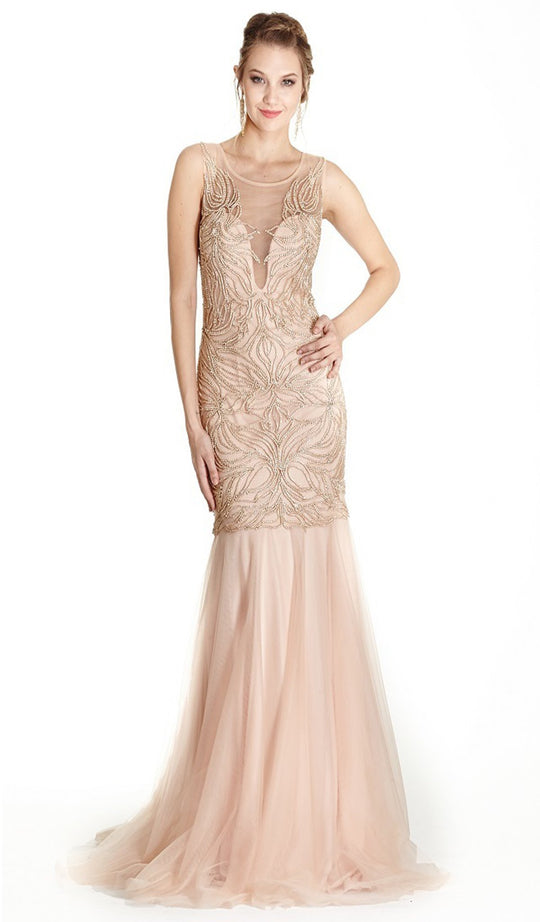 Embellished Illusion Scoop Trumpet Prom Dress