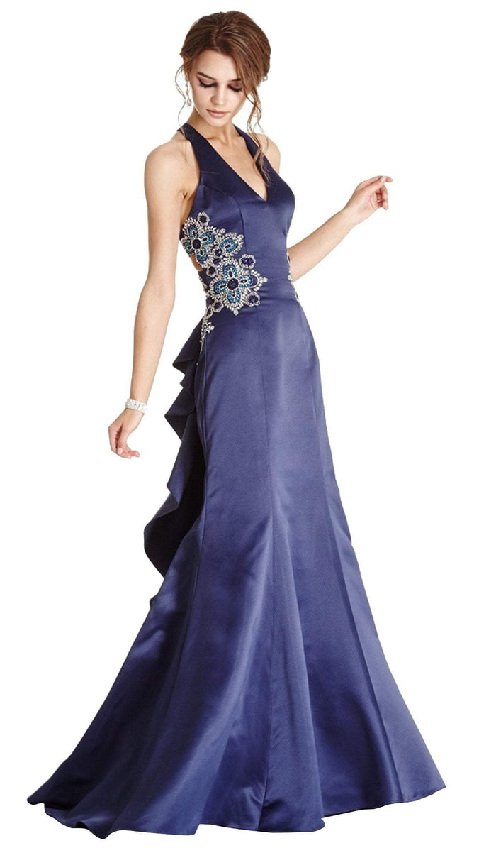 Embellished Halter V-neck Evening Dress