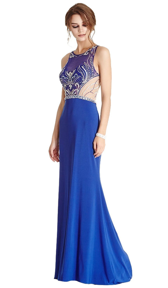Embellished Sheer Halter Sheath Evening Dress