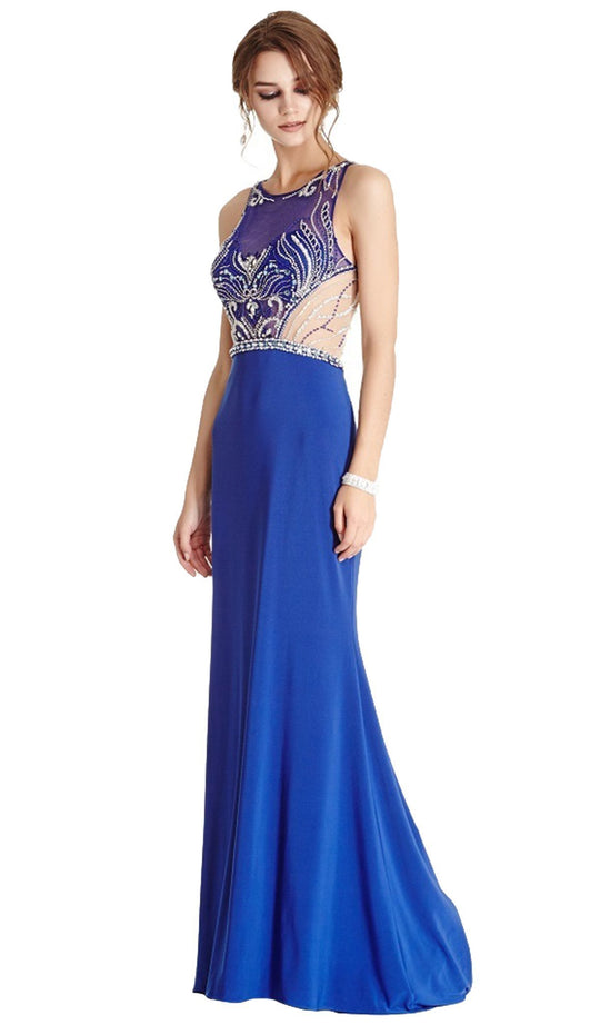 Embellished Sheer Halter Sheath Evening Dress
