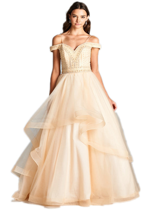 Pearl Beaded Off-Shoulder Evening Ballgown