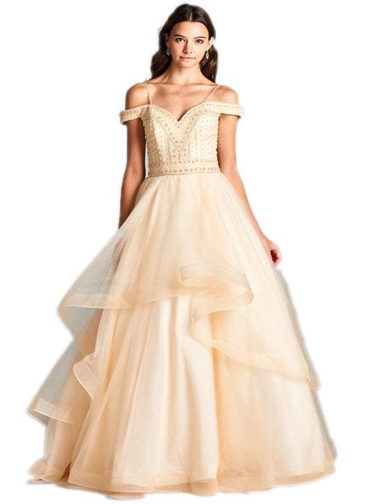 Pearl Beaded Off-Shoulder Evening Ballgown