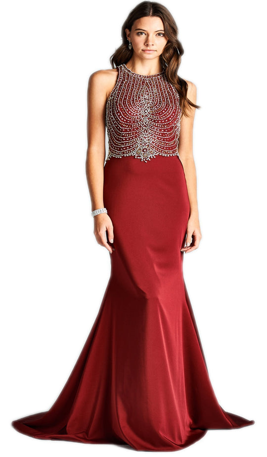 Bejeweled Halter Neck Trumpet Evening Dress