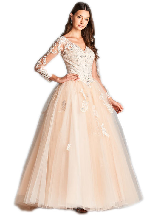 Lace Long Sleeve V-neck Quinceanera Ballgown