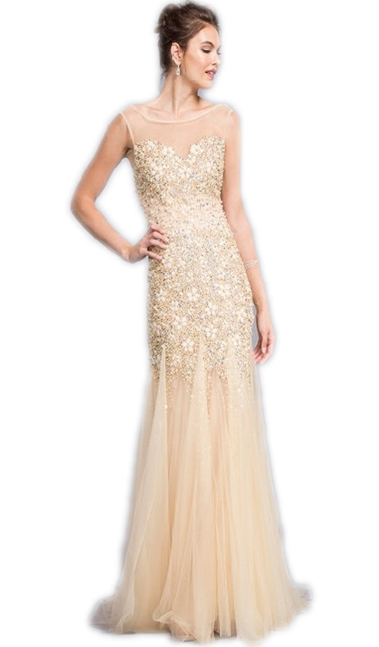 Bejeweled Illusion Bateau Evening Dress