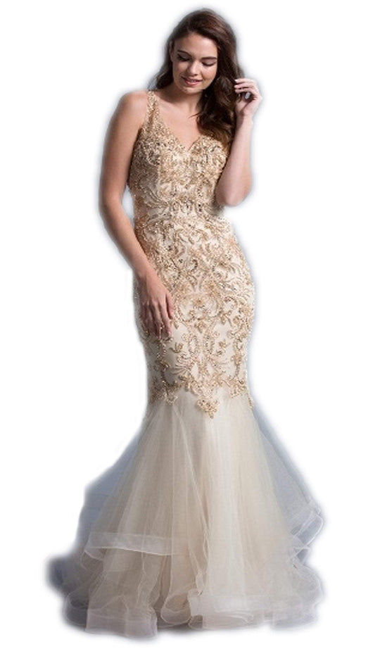 Beaded V-neck Trumpet Evening Dress