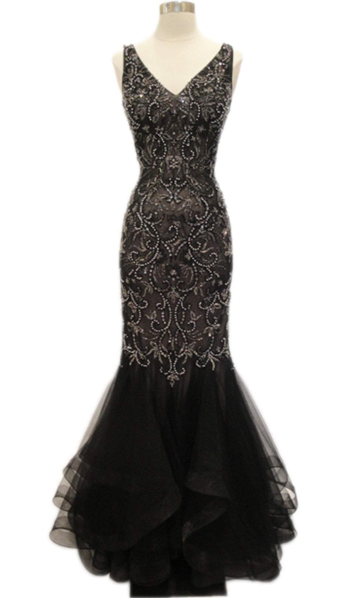 Beaded V-neck Trumpet Evening Dress
