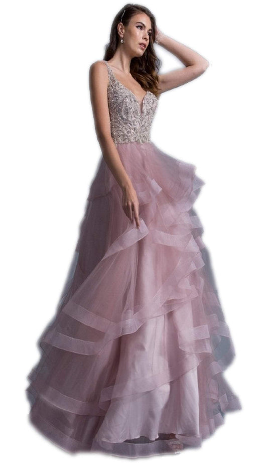Bedazzled V-neck Ruffled A-line Prom Dress