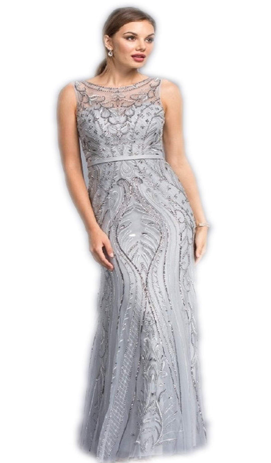 Bedazzled Illusion Bateau Fitted Prom Dress