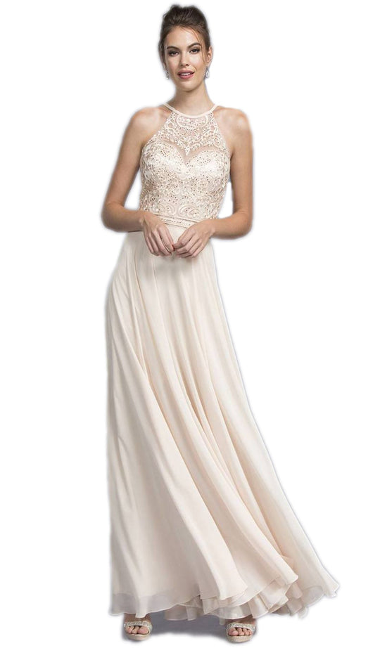 Bedazzled Illusion Halter A-line Evening Dress