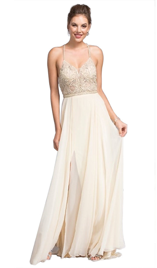 Beaded Halter V-neck Prom A-line Dress