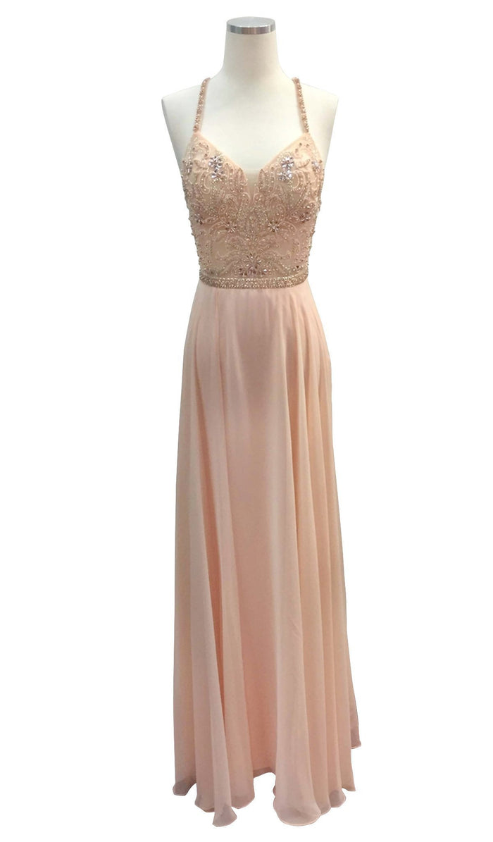 Beaded Halter V-neck Prom A-line Dress