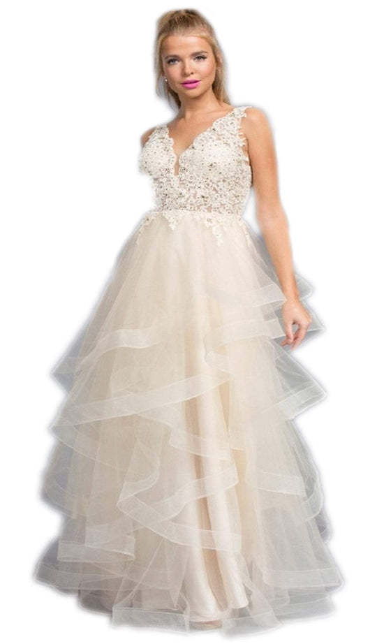 Lace V-neck Tiered Ruffled A-line Prom Dress