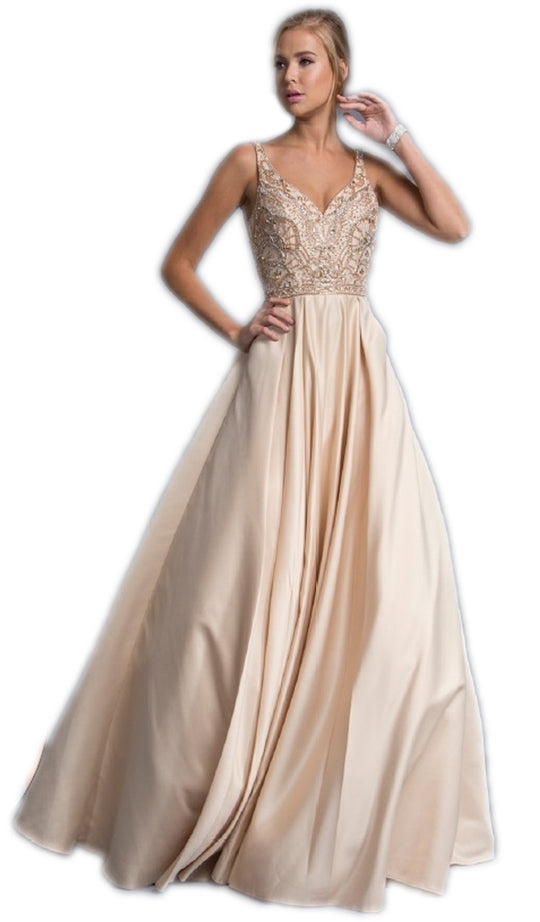 Sleeveless Embellished V-neck A-line Prom Gown