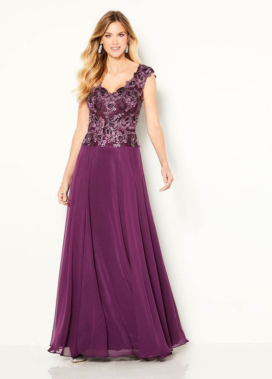 Cameron Blake - 219689 Floral Appliqued V-Neck A-Line Dress In Purple