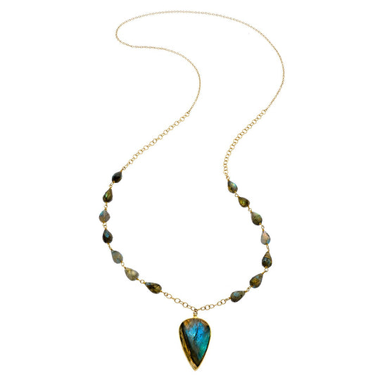 Long Cabochon Necklace - Labradorite Lotus