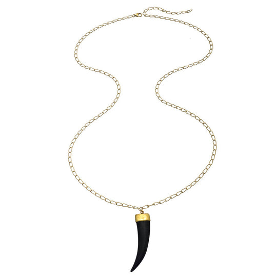 Long Curb Chain Pendant Necklace - Black Ox Bone Horn