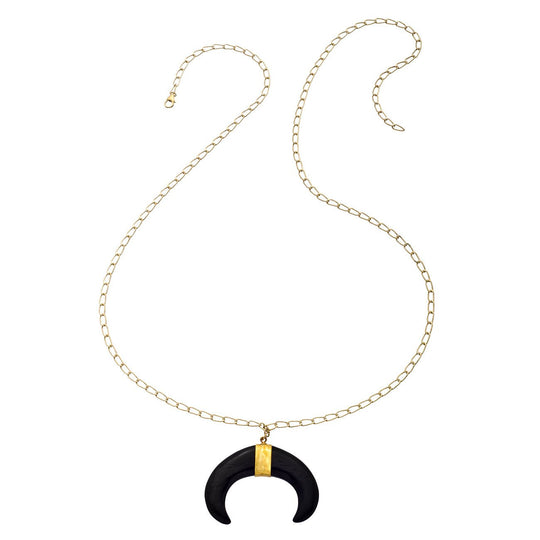 Long Curb Chain Pendant Necklace - Double Black Ox Bone Horn